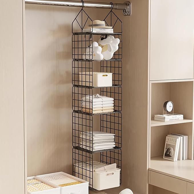 Hanging Closet Organizer, Carbon Steel 6-Shelf Closet Hanging Storage, Collapsible Hanging Closet Shelves, Versatile Storage for Clothes, Handbags (Black)