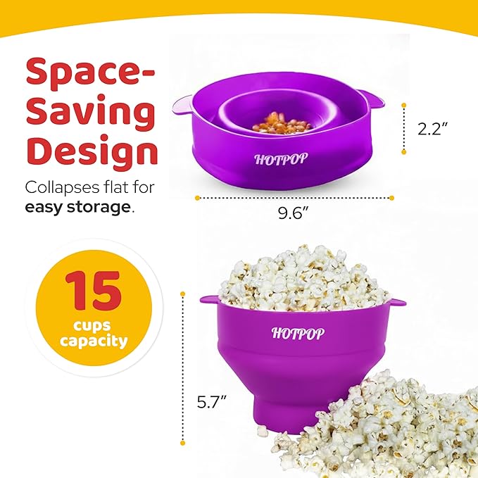 The Original Hotpop Microwave Popcorn Popper, Silicone Popcorn Maker, Collapsible Bowl BPA-Free and Dishwasher Safe- 20 Colors Available (Purple)