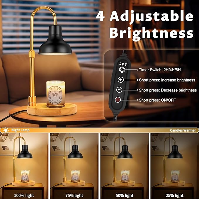 Candle Warmer Lamp Dimmable with Timer and 3 Bulbs, Adjustable Height & Brightness, Electric Candle Wax Warmer for Jar Candles, House Warming Gifts New Home Decor (Black)