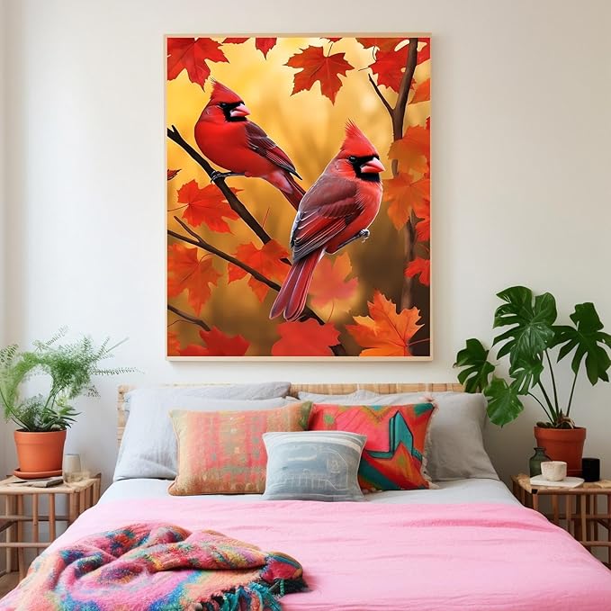 GUAIEUW DIY Diamond Painting Kit - Season Theme, 5D Full Round Diamond Autumn Red Birds Diamond Painting Art for Beginners, Room Wall Decor, Personalised Gift for Lover 8x12 Inch