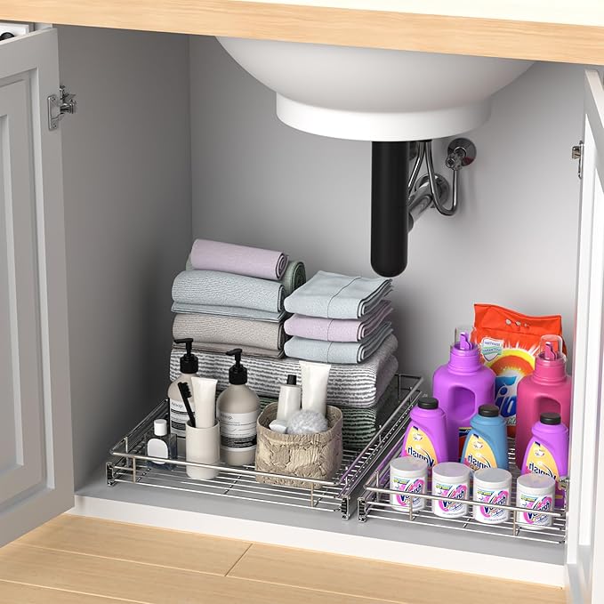ZOINLIY Pull Out Cabinet Organizer, Versatile Slide Out Kitchen Organizers and Storage,Heavy Duty Drawer Cupboard Storage Basket, Smooth Sliding, Chrome Finish,14.8" W x 21" D