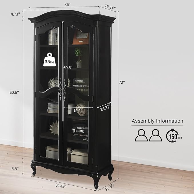 Farmhouse Arched Display Cabinet Bookcase Bookshelf with Glass Doors and Adjustable Shelves, 72" Tall 6 Tiers French Country-Inspired Wooden Curio Cabinet for Living Room, Office (Distressed Black)