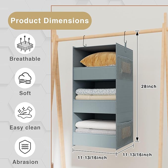 3-Shelf Hanging Closet Organizer and Storage, Foldable Hanging Closet Shelves Front Lip Design Washable Hanging Storage, 28" X 11-3/4" X 11-3/4", Gray