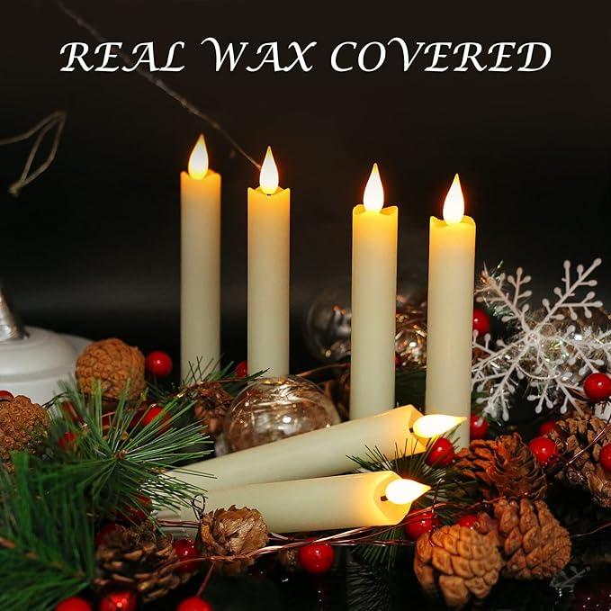 PChero Flameless Flickering Taper Candles with Remote Timer and Dimmer, 6.4 Inch Real Wax Ivory LED Candlesticks Battery Operated for Halloween Christmas Home Wedding Decor