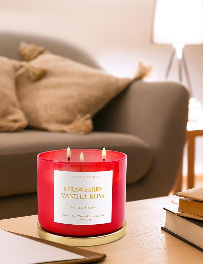 Strawberry Vanilla Bliss 3-Wick Soy Scented Candle 15.8 oz | Large Berry Vanilla Candle for Home | Relaxing Aromatherapy Stress Relief Candle | Long-Lasting, Clean Burning Candles Gift for Women & Men