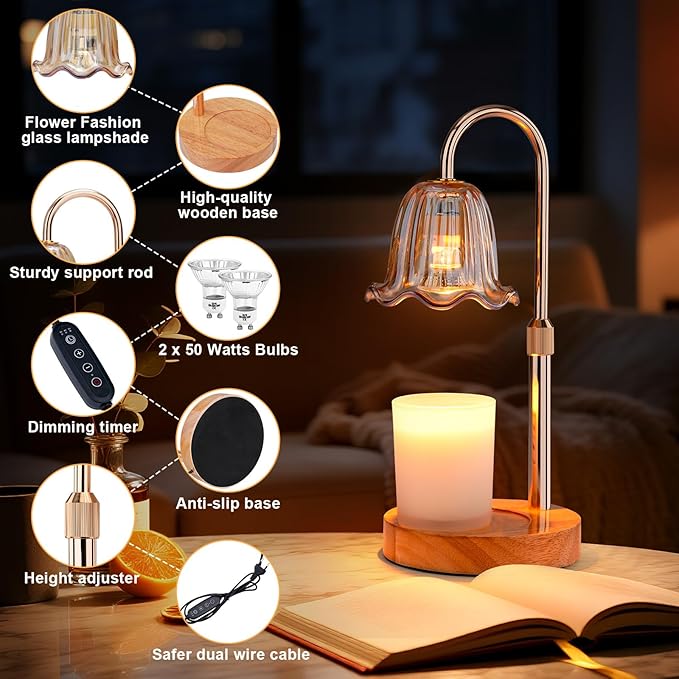 Candle Warmer Lamp Electric Timer: Dimmable Candles Warming Lamps - Height Adjustable Burner Jar - No Flame Scented Melts Wax - All Candle Jars Home Decor Table Light