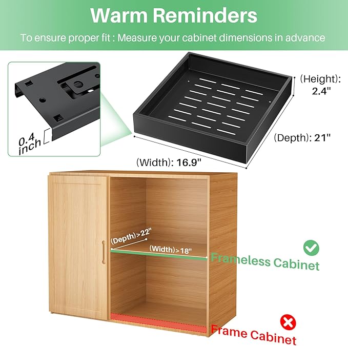 Pull out Cabinet Organizer, 21"Deep, 16.9"Wide Heavy Duty Full-Extension Slide out Drawers with Nano Adhesive, Roll Out Shelves Sliding Cabinet for Kitchen, Bathroom, Pantry,under sink Storage(Black)