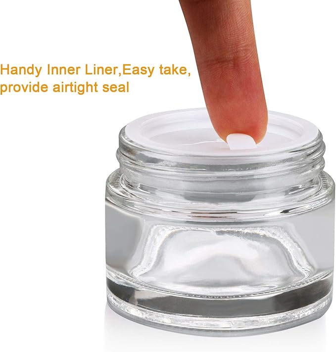 Encheng 30 Pack of 2 oz Clear Round Glass Jars,with Inner Liners and black Lids,Empty Cosmetic Containers,Cream jars