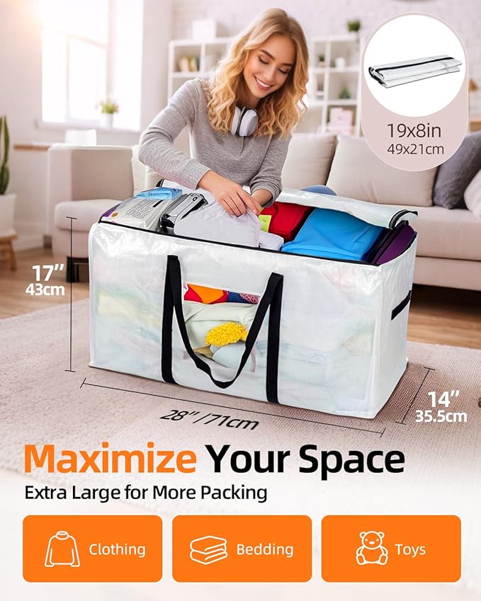 Extra Large Moving Bags, 12 Pack Heavy Duty Storage Bags Boxes Bins Totes with Hnadles Zippers Visible Window for Clothes College Dorm Travel, Clear