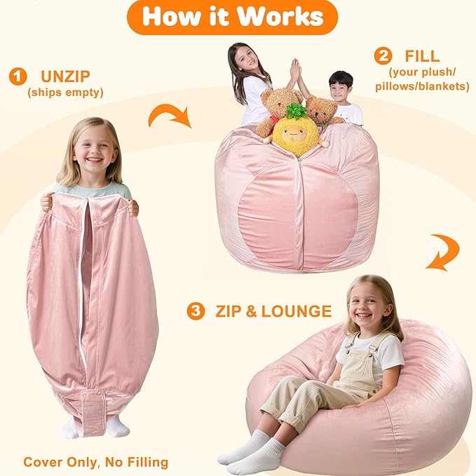 Lukeight Stuffed Animals Storage Bean Bag Chair Cover Only (Ships Empty, No Filling) - Velvet YKK Zipper Beanbag Cover for Big Kids and Teens, Washable Plush Toy Organizer, XX-Large 36" D x 20" H