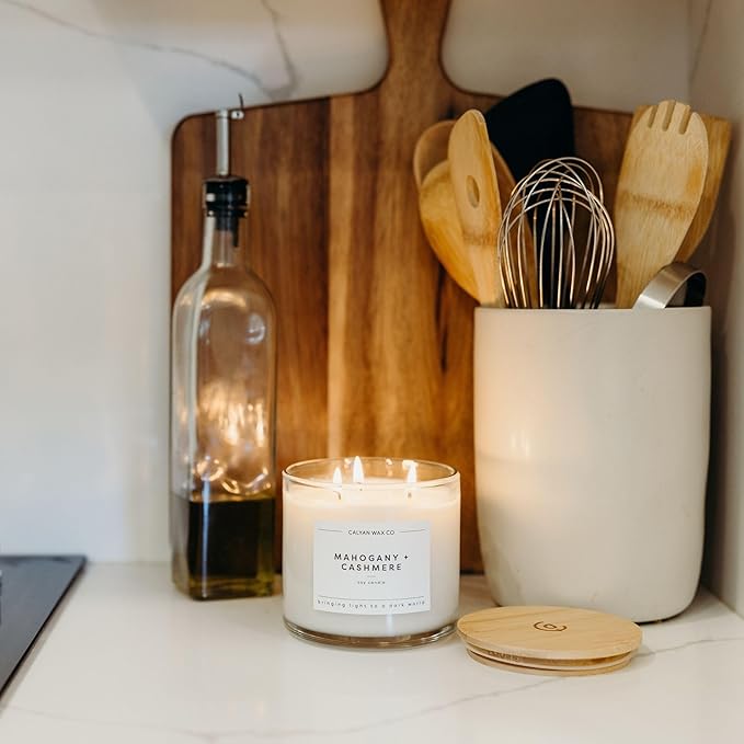 Calyan Wax Co. Mahogany & Cashmere 3 Wick Scented Candle - 43 Hour Burn - Luxury 3 Wick Soy Candles - Non Toxic Soy Wax Candles - Long Lasting Large Glass Jar Candle for Home - 14.9oz