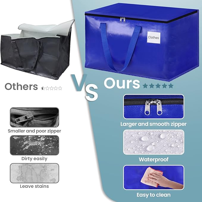 HomeHacks Moving Bags Heavy Duty with Strong Zippers and Handles Collapsible Moving Supplies, Storage Totes for Packing & Moving Storing 125L,10-Pack, Blue