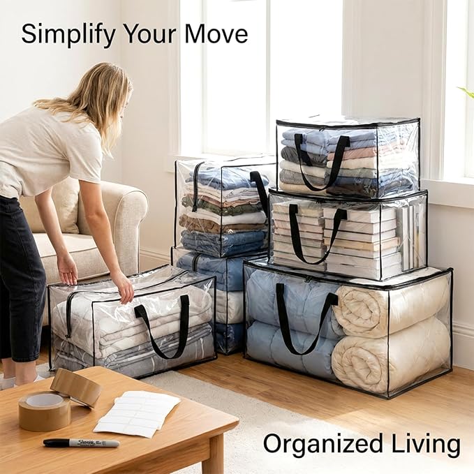 RAINFLOW Extra Large Moving Bags - Heavy Duty Clear Tote Bag for Storage and Organization with Smooth Zipper and Strong Handle Home Moving Supplies College Dorm Essentials for Girls and Guys 1PCS