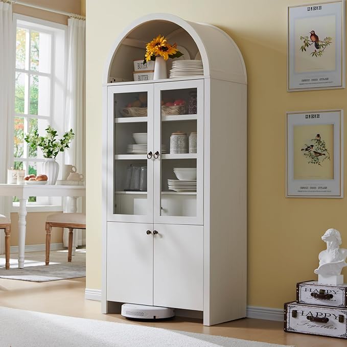 71" Tall Arched Kitchen Pantry Cabinet, Modern Farmhouse Kitchen Storage Cabinets with Open & Adjustable Shelves, Hidden Drawer & Glass Door, Versatile Cupboard for Kitchens, Dining Room, White