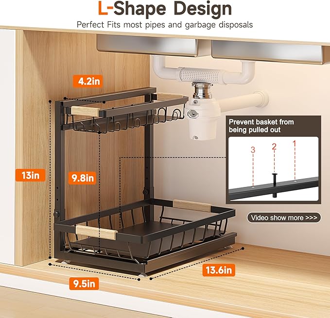 2 Packs Under Sink Organizer, Height Adjustable 2 Tier Under Kitchen Sink Organizer, Multi-Purpose Storage Shelf for Kitchen Bathroom Cabinet (Brown, Large)