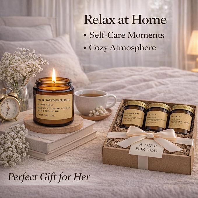 Scented Candles for Home, 8 Pack Soy Wax Candle Set, Aromatherapy Candles, Amber Jar Vintage Apothecary Style, 8 Scents Gift Set