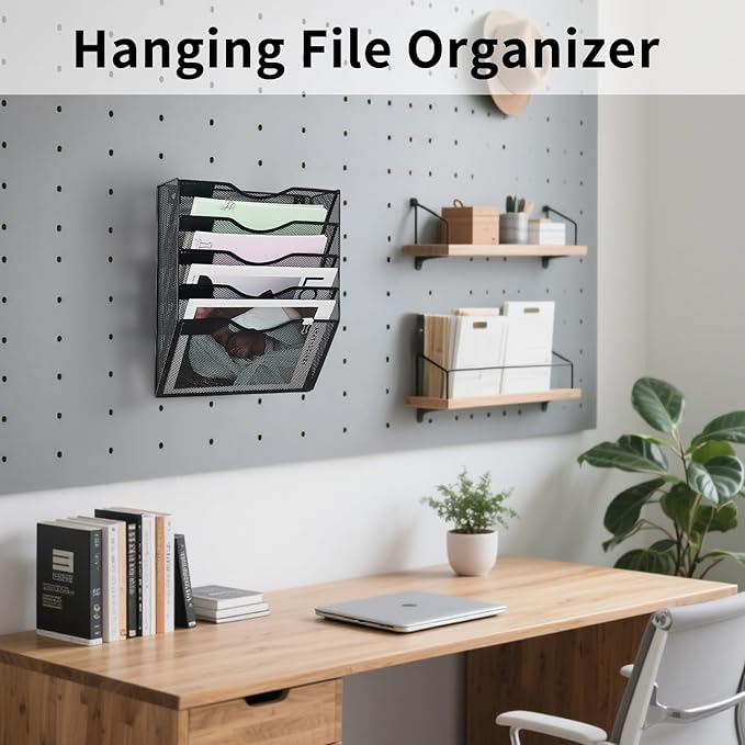 LEKETREE Hanging Wall File Organizer with Office Assorted, 5 Pockets Mesh Wall Mounted Hanging File Folders, Mail Organizer, Holder Rack for Mail, Paper, Document, Binder, Magazine, Menu (Black)