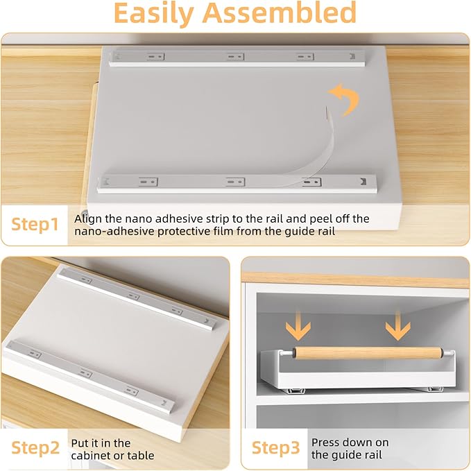 Pull Out Cabinet Organizer, 15.3'' Deep Expandable Slide Out Cabinet Organizer Fixed with Adhesive Nano Film, Slide Out Drawers Pull Out Tray for Cabinet in Kitchen, Pantry, Bathroom, White
