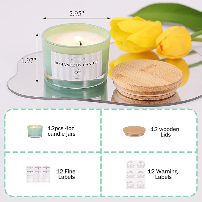 REISEN 12 PCS Green Candle Jars for Making Candles, 4 OZ Glass Jars with Bamboo Lids and Sticky Warning Labels, Candle Containers for DIY Gifts, Candle Making Supplies
