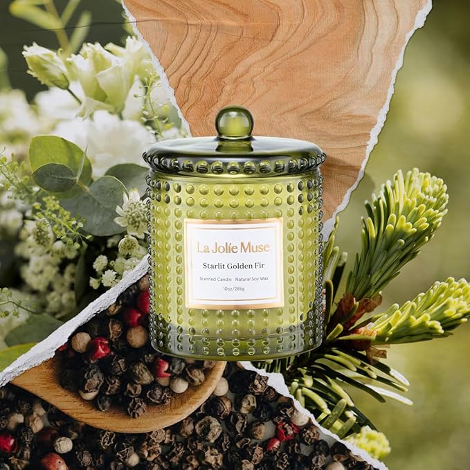 LA JOLIE MUSE Starlit Golden Fir Candle - Cedarwood, Patchouli, Fir Balsam | 10 oz Natural Soy Wax | 55 Hours Clean Burn | Fresh Scent Candles | Gift-Ready for Hosts & Gatherings