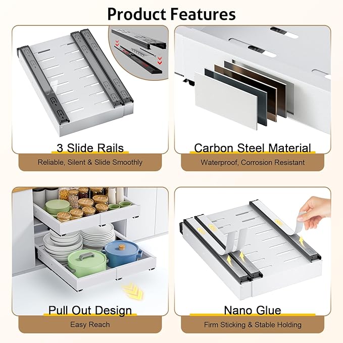 2 Pack Pull Out Cabinet Organizer, Expandable Width (11.4"-18.9") Depth (16.3"-21.7") Pull out Drawers for Cabinets with 3 Rails, No Drill Adhesive Film or Nail Slide out Drawers for Kitchen, Pantry