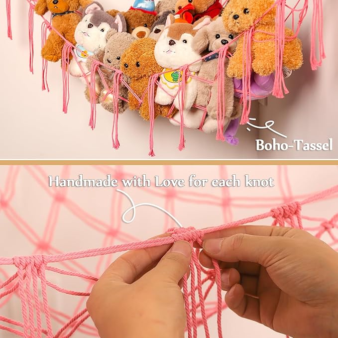 YKBU Stuffed Animals Hammock Corner Hanging Net Macrame Stuffed Animal Storage Plush Toy Holder Toy Organizer for Boho Nursery Playroom Bedroom Kids Room (pink, m)