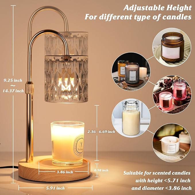 HAIDOLIANG Candle Warmer Lamp with Timer and Dimmer, Height and Brightness Adjustable,Glass Electric Wax Warmer with 2 Bulbs for Women Mom Gifts, Home Decor for Scented Jar Candles (Grey)