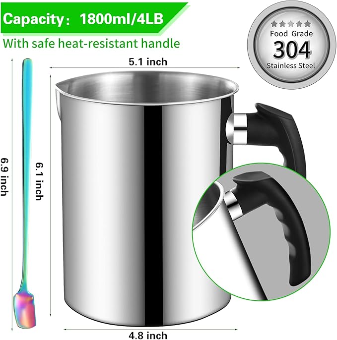 Candle Making Pouring Pot, 1800ml/60oz Double Boiler Wax Melting Pot, 304 Stainless Steel Candle Making Pitcher with Heat-Resistant Handle and Dripless Pouring Spout Design,1Pc Spoon