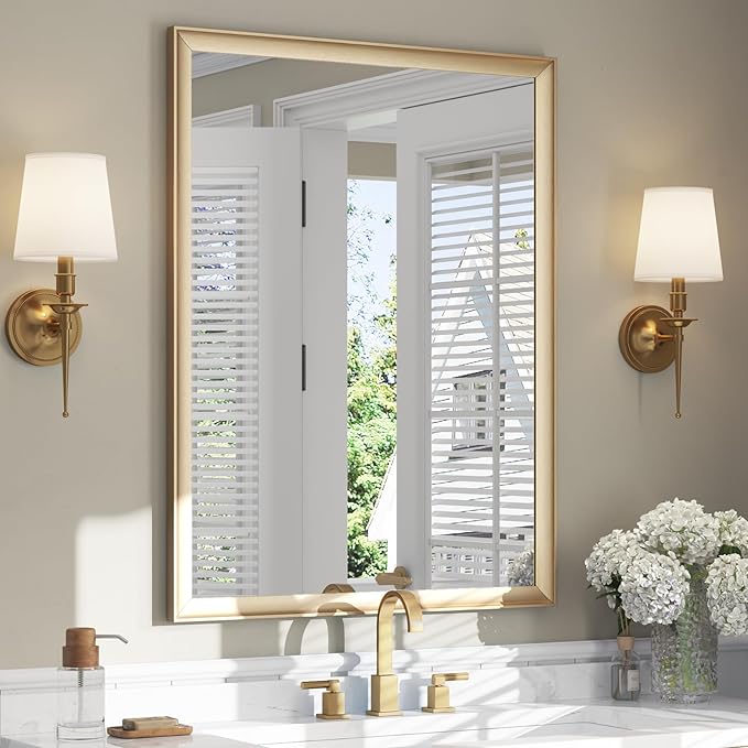 USHOWER Brushed Gold Bathroom Mirrors for Over Sink 30x40 Inch, Metal Framed Rectangle Vanity Mirror for Wall, Bedroom, Living Room, Entryway, Anti-Rust, HD Tempered Glass, Horizontal/Vertical