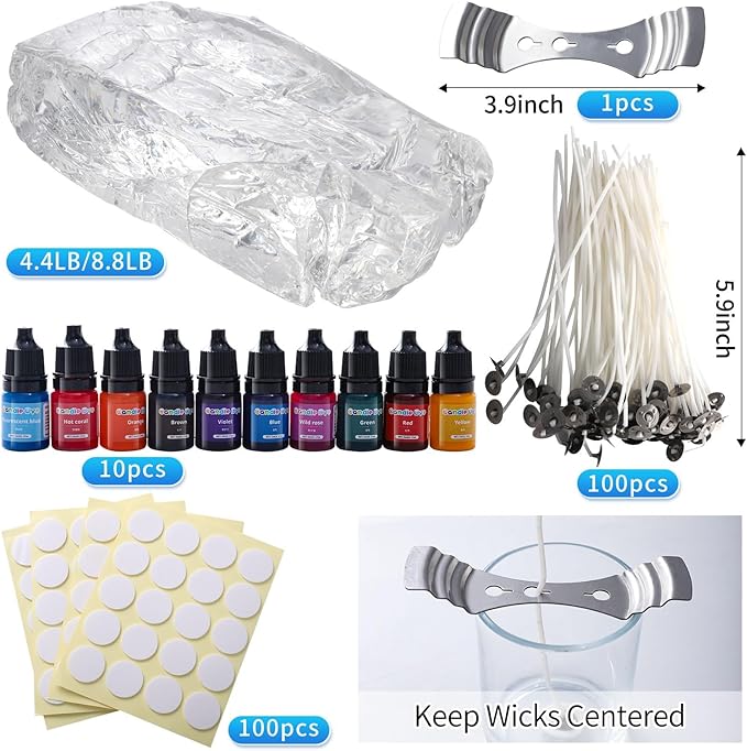 4.4 lb Clear Gel Wax for Candle Making, High Density Transparent Jelly Wax Kit with 100 Wicks, 100 Stickers, 10 Color Dyes, Wick Holder, DIY Candle Making Supplies for Beginners, Home Decor, Gifts