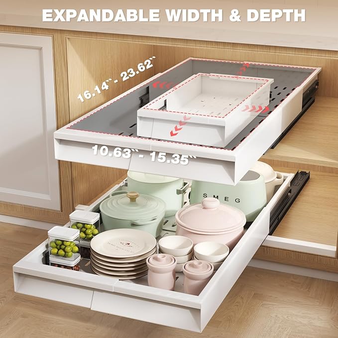 2 Pack Pull Out Cabinet Organizer With Raising Pad for Framed Cabinets,Expandable Width (11"-16") and Depth (17"-24"),3 Slide Rails Slide Out Drawers with Handle,No-Drill Roll Out Shelf,White