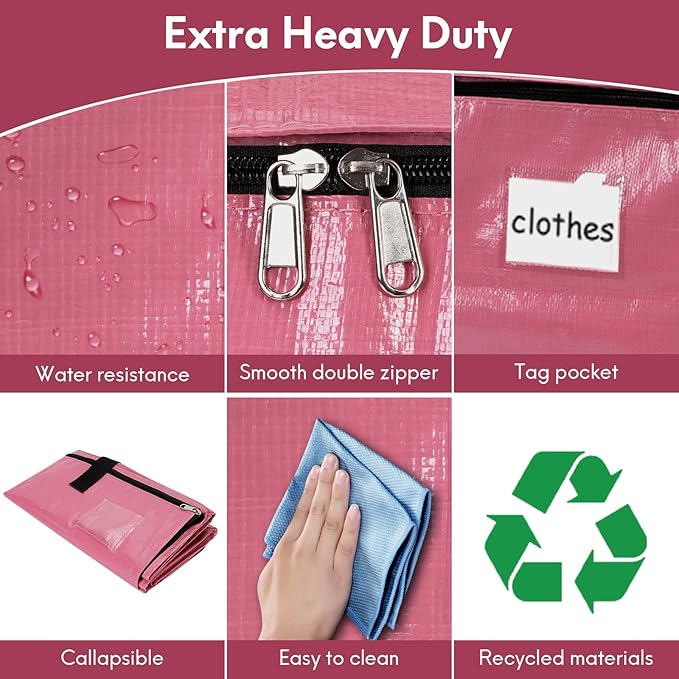 6-Pack Extra-Large Heavy-Duty Storage Totes with Reinforced Handles, Durable Zippers & Waterproof Material — Perfect for Space-Saving, Moving, Shipping and Travel (Pink)