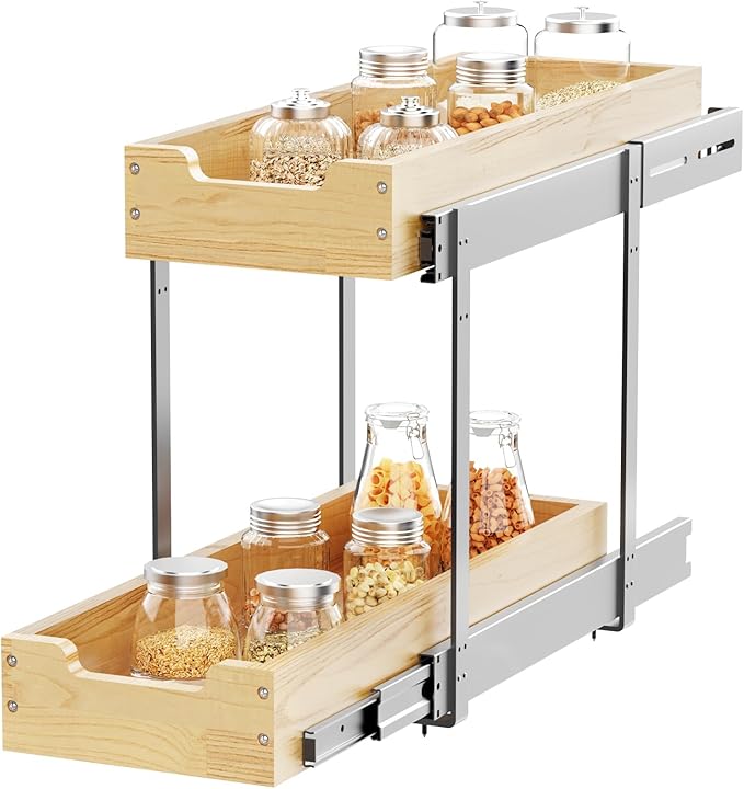 Sikarou Wood Pull Out Cabinet Organizer 2 Tie 9" W x 21" D, Heavy-Duty Sliding Drawers for Inside Cabinets Storage and Organization for Kitchen, Pantry, Bathroom