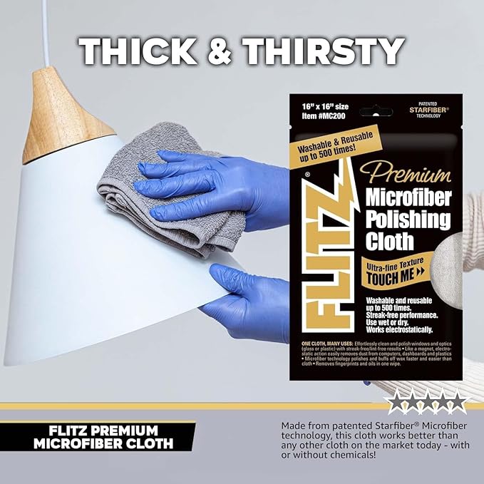 Flitz Premium Microfiber Polishing Cloth (400 GSM) - 16" x 16" USA-Made Grey Lint Free Microfiber Cleaning Cloth - Washable and Ultra Absorbent Micro Fiber Towel for Cars, Metals, & More (4 Pack)