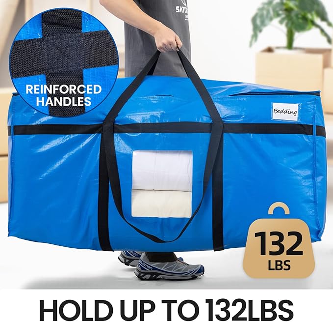 TAILI 69 Gallon Extra Large Storage Bags, XXL Blue Heavy Duty Moving Bags For Storage with Visible Window, Wrap Around Handles, Totes for Space Saving, Alternative to Moving Boxes (2 Pack)