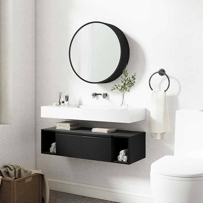 SUNWAVE 20 Inch Round Black Medicine Cabinet with Mirror, Modern Wall Mounted Vanity Cabinet for Bathroom, Circle Bathroom Mirror with Storage, Space-Saving Wood Cabinet (Black, 20 Inch)