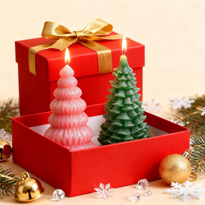2pcs 3D Christmas Tree Silicone Candle Soap Epoxy Resin Wax Mold Silicone Shapes Christmas Trees Mold for Candle Resin Soap Craft Cake Chocolate Making Kit Christmas Gift (Cedar+Origami)