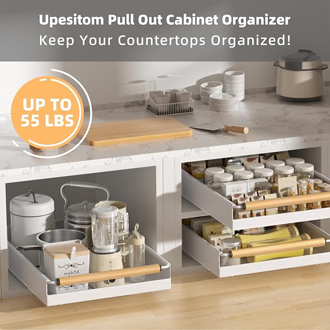 2 Pack Pull Out Cabinet Organizer, 15.3'' Deep Expandable Slide Out Cabinet Organizer Fixed with Adhesive Nano Film, Slide Out Drawers Pull Out Tray for Cabinet in Kitchen, Pantry, Bathroom, White