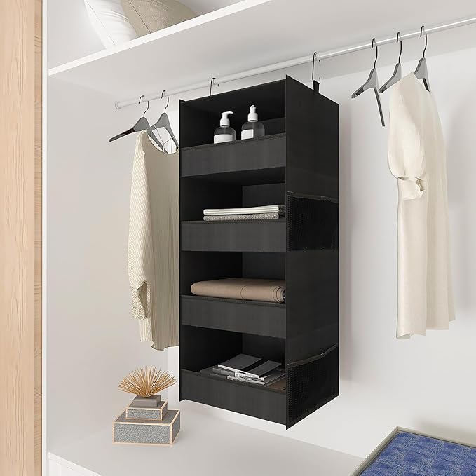 4-Shelf Hanging Closet Organizer and Storage Foldable Hanging Closet Shelves Front Lip Design Washable Hanging Storage, Black