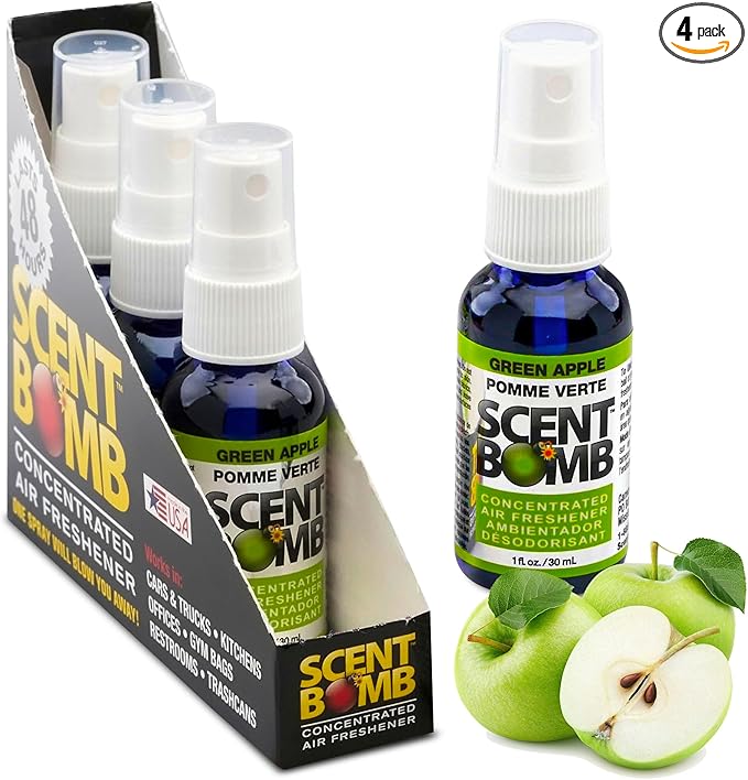 Scent Bomb Air Freshener Spray, Long-Lasting Odor Eliminator - Effective Deodorizer for Home & Car, Fresh Room Spray for Kitchen, Bathroom & Smell Neutralizer - 1 oz Pack of 4, Green Apple Scent