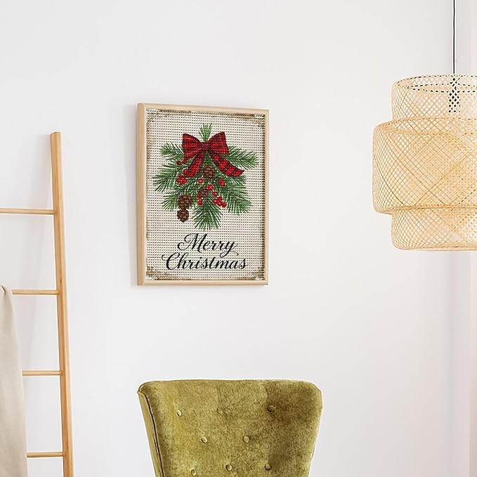 AIVKIEJK Diamond Painting Kits for Adults - Merry Christmas Holly, Pine Cones & Red Plaid Bow Painting DIY 5D Full Drill Diamond Dots Paintings with Diamonds Gem Art and Crafts Home Decor 16"x20"