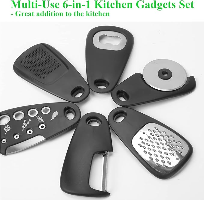 Kitchen Gadgets Set 6 Pieces, Space Saving Cooking Tools Kitchen Accessories-Garlic/Ginger Grinder, Cheese Grater, Vegetable/Fruit Peeler, Pizza Cutter, Herb Stripper, Bottle Opener, Gadgets Gift Set