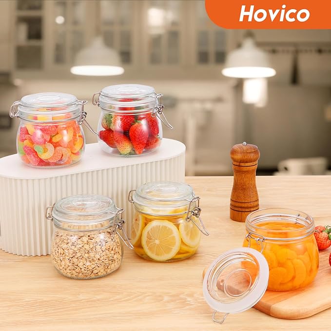 Hovico 17 oz Glass Jars with Airtight Lids And Leak Proof Rubber Gasket, Wide Mouth Mason Jars with Hinged Lids for Kitchen Canning Cereal,Pasta,Sugar,Beans,Spice, Glass Storage Containers, Set of 6
