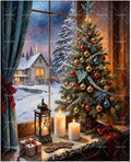 Christmas Paint By Numbers Kit For Adults - Diy Decorated Tree With Candles By Winter Window Painting On Canvas 16X20 Inches, Acrylic Paint Set, Suitable For Beginners, Festive Wall Decor, Unframed