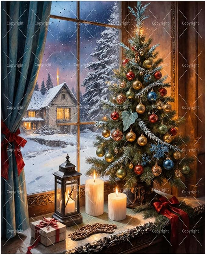 Christmas Paint By Numbers Kit For Adults - Diy Decorated Tree With Candles By Winter Window Painting On Canvas 16X20 Inches, Acrylic Paint Set, Suitable For Beginners, Festive Wall Decor, Unframed