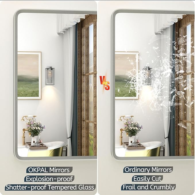 OKPAL Brushed Nickel Bathroom Mirror for Wall 28 x 36 in, Rectangular Metal Framed Silver Mirror for Vanity Beveled Round Corner Aluminum Alloy Rectangle Modern Mirror(Horizontal/Vertical)