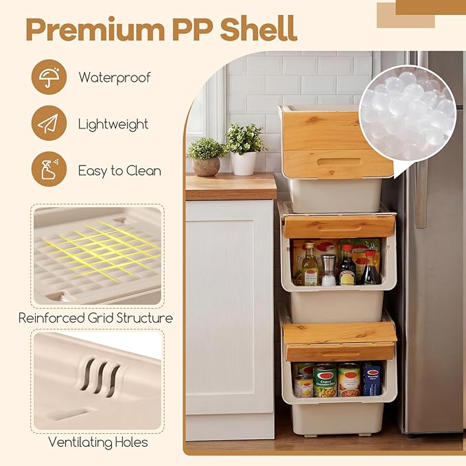 Giantex Plastic Stackable Storage Bins with Lids & Wheels, 3 Pack Open Front Stacking Bins, Organizer Bins for Pantry, Kitchen, Laundry, Closet, Playroom, Bedroom Organization (35 QT)