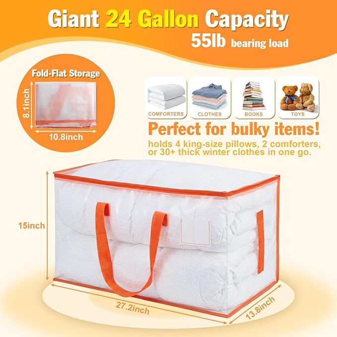 KYODOLED Clear Moving Bags with Orange Handles, 2-Pack Heavy Duty Storage Totes for Clothes & Bedding, Extra Large 27"x14"x15" (24 Gal), Foldable Transparent Moving Supplies with Label Pocket