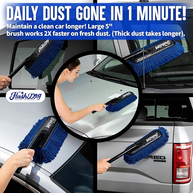 Flash Dog Car Duster Exterior Scratch Free, Waterless Cleaning Brush for Car Truck RV Boat, Gifts for Men Women, Storage Bag & Air Freshener - Wooden Handle Wax Cotton Duster