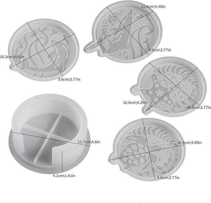 5 Pack Ocean Style Coaster Mold Set - 1 Holder + 4 Resin Casting Molds for Candle Making, Home Decor, 3D Animal Designs